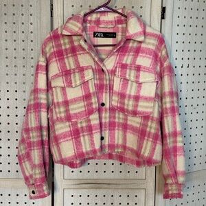 Zara Women's Pink and Cream Checkered Teddy Jacket